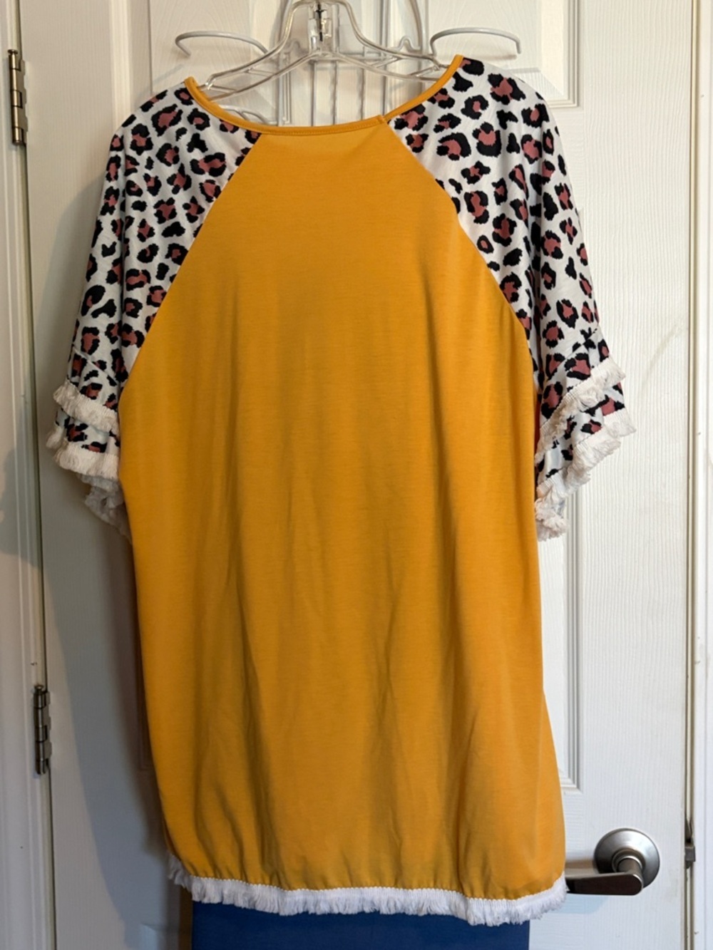Mustard Yellow Raglan Tunic with Leopard Print Sleeves - Picture 4 of 4